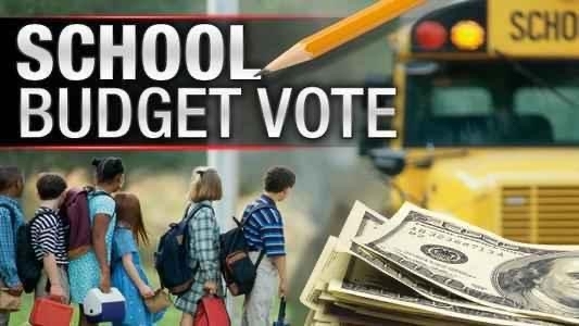 School budget vote logo, bus with students and money